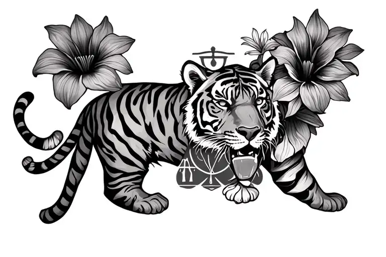 Tiger Surrounded By Aster And Morning Glory Flowers With A Libra Symbol Hidden