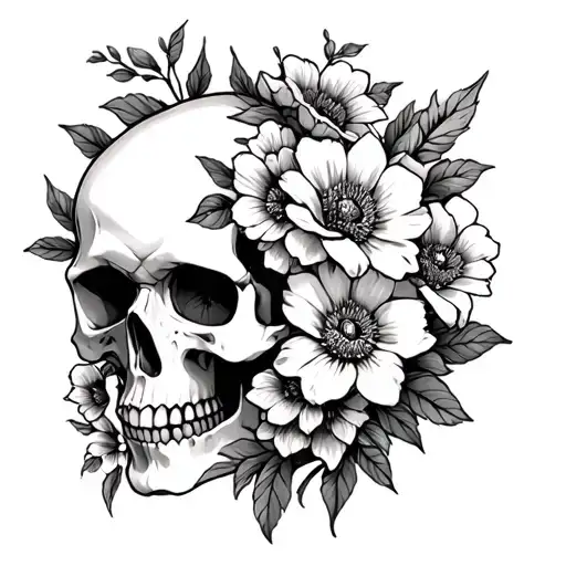 Skull And Flowers Intertwined Through Skull Eyes