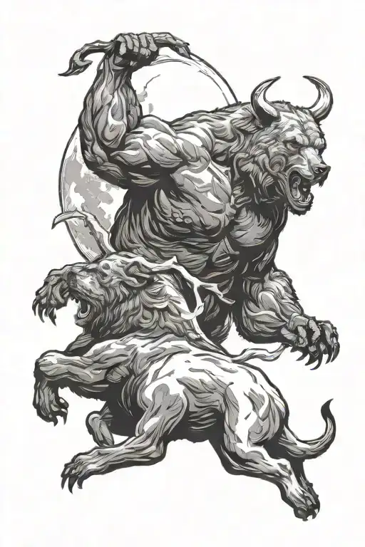 Bear Fighting A Bull With A Full Moon