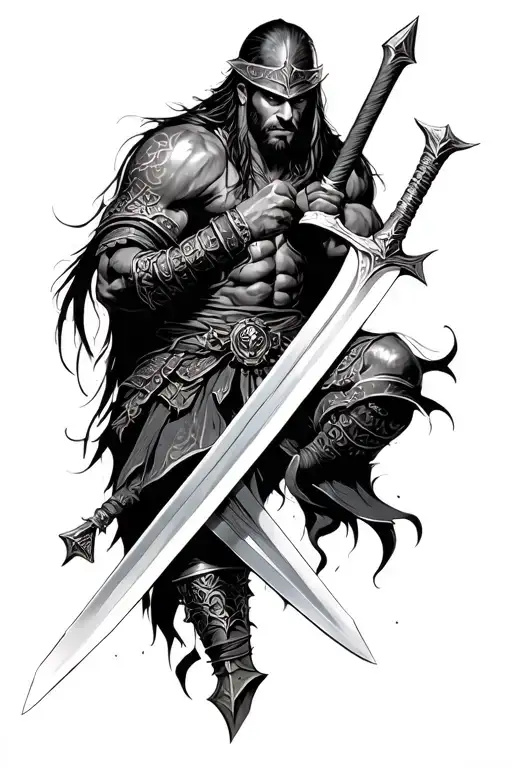 Warrior With Fighting Around A Sword
