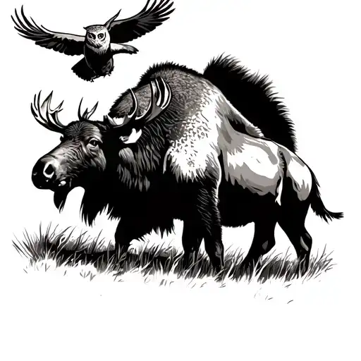 Buffalo And A Moose Walking Together With Owl Flying Over