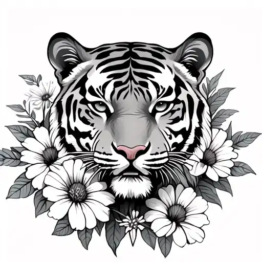 Tiger Surrounded By Aster And Morning Glory Flowers With A Libra Symbol Hidden
