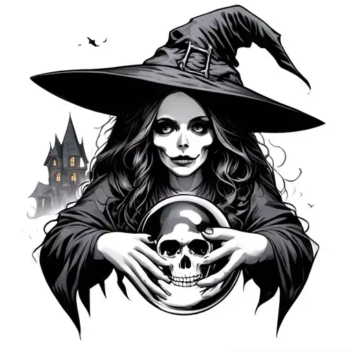 Witch With Hand Ovet A Crystal Ball With Skull In It And A Haunted House In The Background