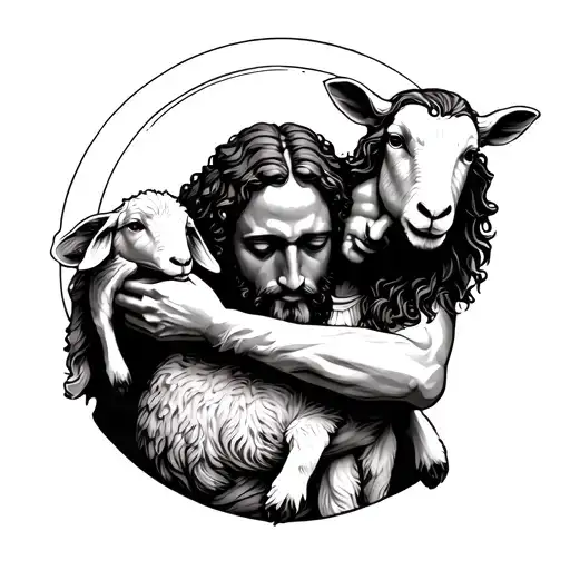 Jesus Hugging A Sheep In His Arms For Arm