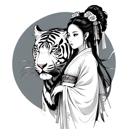 Japanese Priestess With Tiger In Background