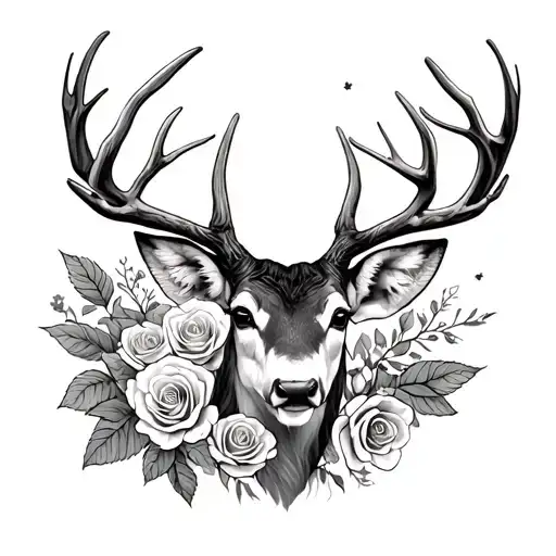 Deer And Roses Blooming
