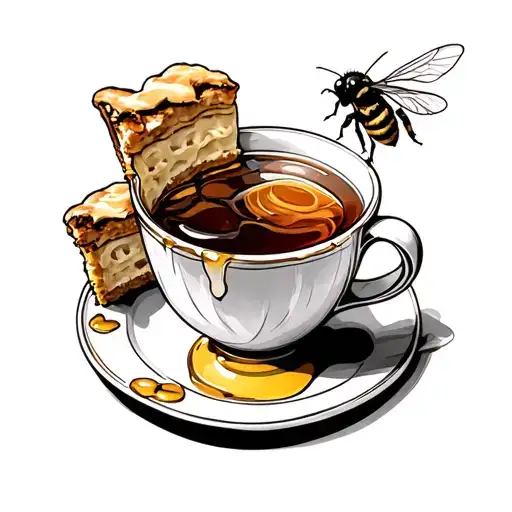 Iced Tea Cup With Honey With A Bee Next To A Piece Of Pie