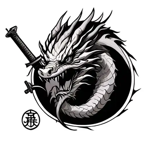 Dragon With Katana Sword And Symbol Family