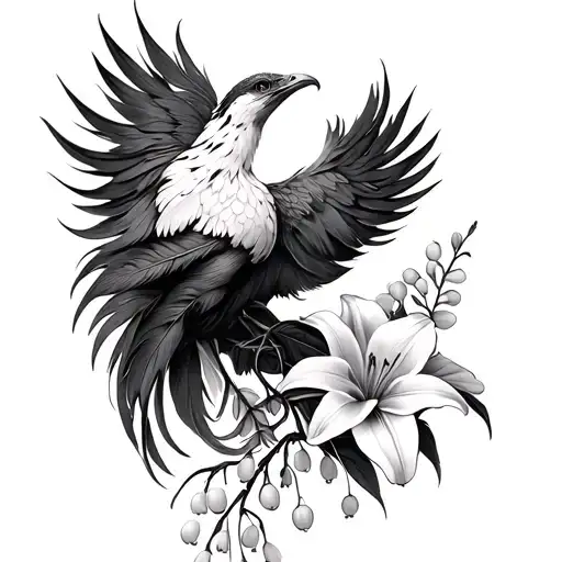 Phoenix Feathers With Lily Of The Valley Flowers In A Flow