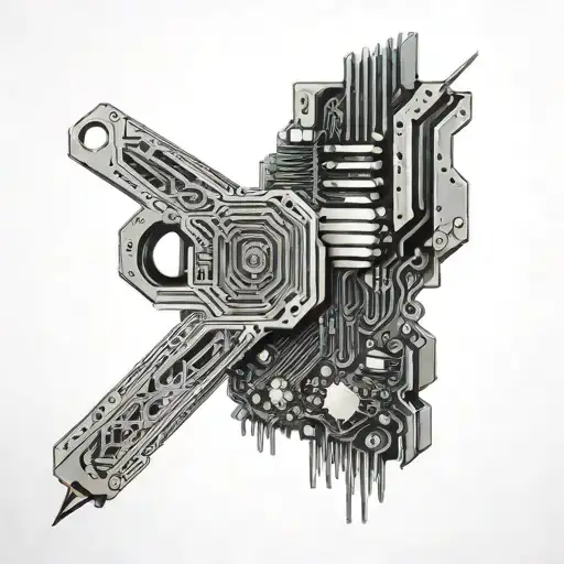 A Black And Grey Tattoo Of A Computer Motherboard With Hidden Sword Designs