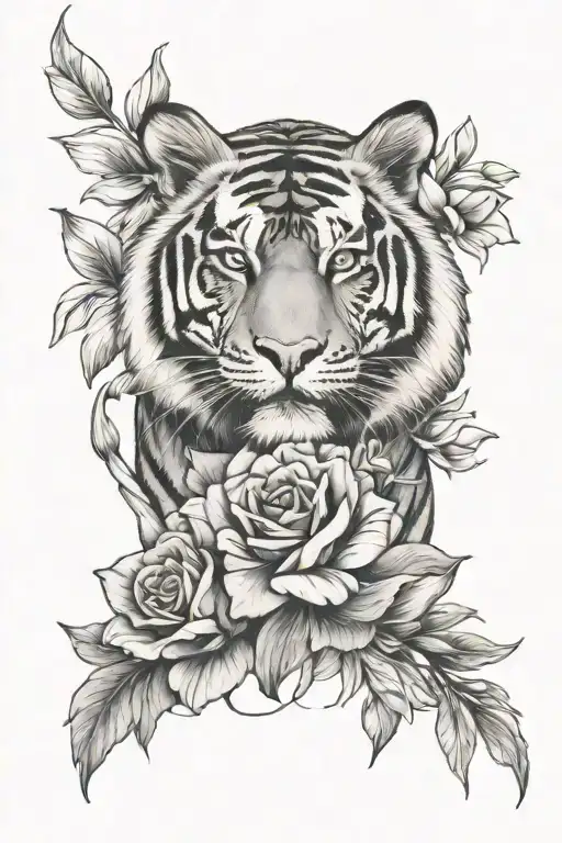 Tiger With Rose And Tulips Daffodil