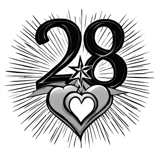 Number 28 With A Star Two Hearts Surrounded By Rays