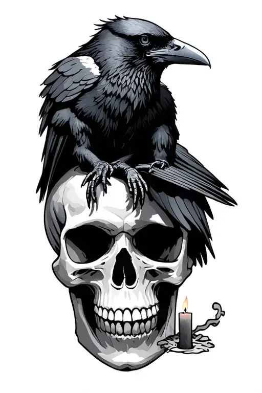 Raven Sitting On A Skull With Candle Next To It