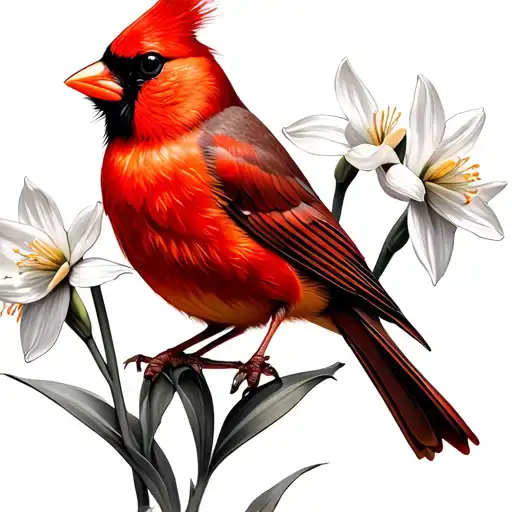 Red Cardinal With Narcissus Flower