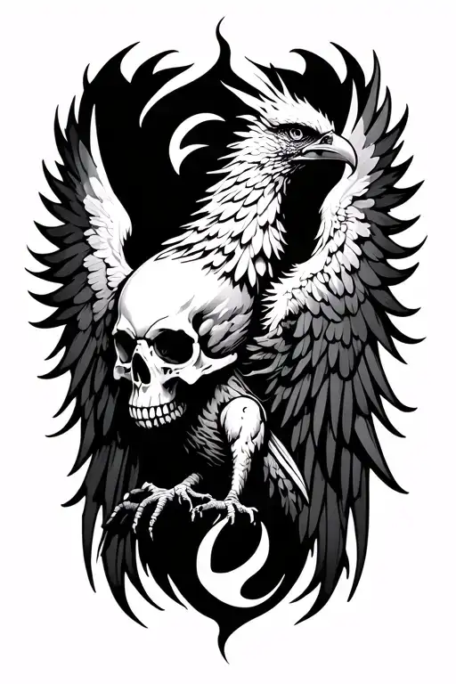 Skull Headed Pheonix With Wings Jagged And Flames Dark At Base And Bright At Tips