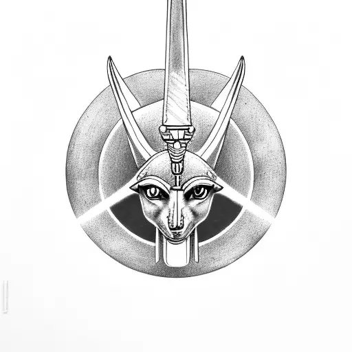 Anubis Full Body Holding An Ankh Symbol And An Eye Of Horus Portrait Looking To The Right Side