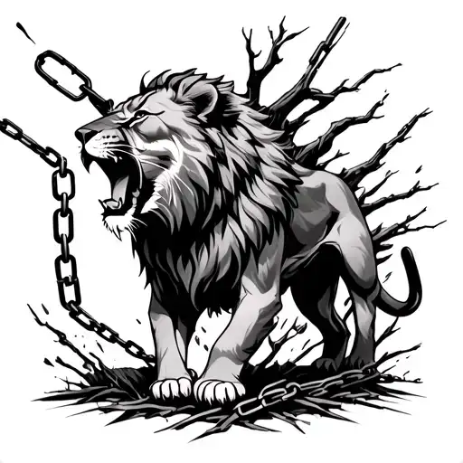 Lioness Roaring With Broken Chains Breaking And Bursting Standing Next To A Tree