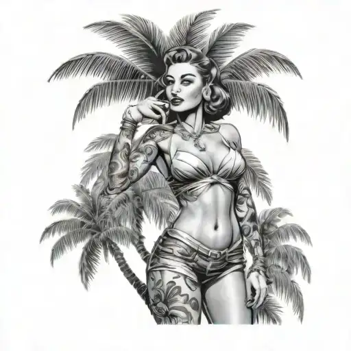 Slim Pin Up In Bikini With 2 Palmtrees Realisim Style Black And Grey With Tattoos On Thighs