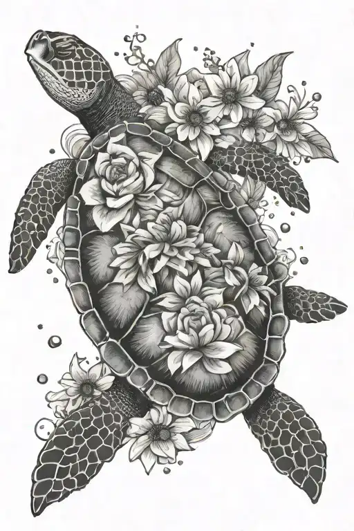 Sea Turtle Surrounded By Flowers Around It With Air Bubbles