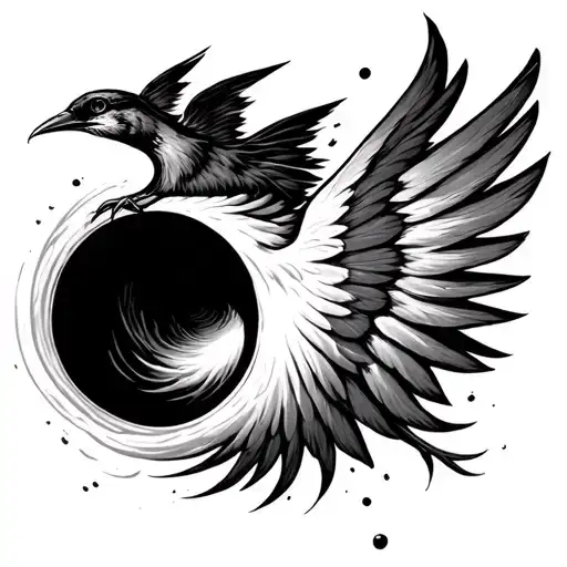 Half Of A Black Hole With A Bird's Wing Coming Out Of It