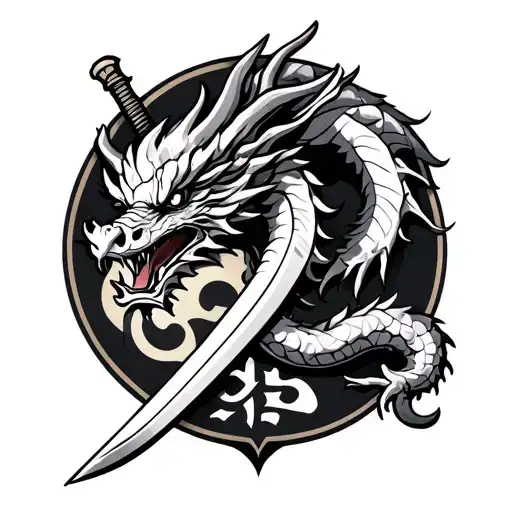 Dragon With Katana Sword And Symbol Family Crest