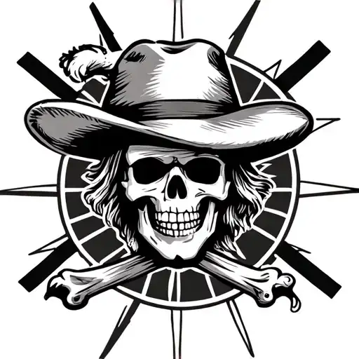 American Traditional Jolly Roger Wearing A Straw Hat With Cardinal Directions As Background
