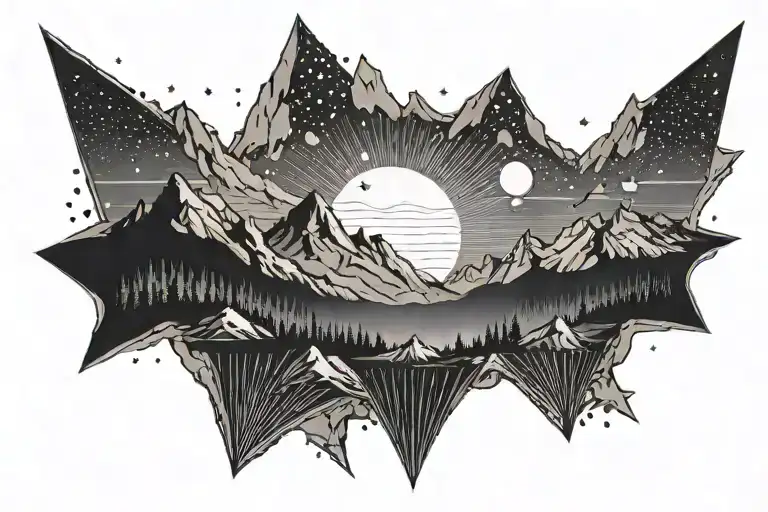 Mountains And Sun With Stars Around It Luminous Points Of Small