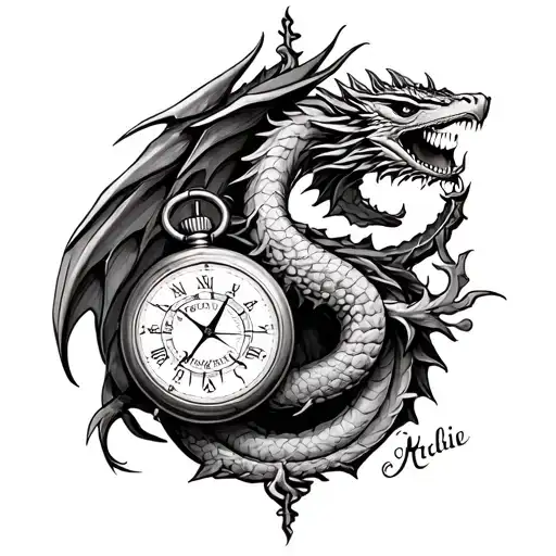 Dragon Intertwined With Compass And Pocket Watches With Names Archie And Hallie