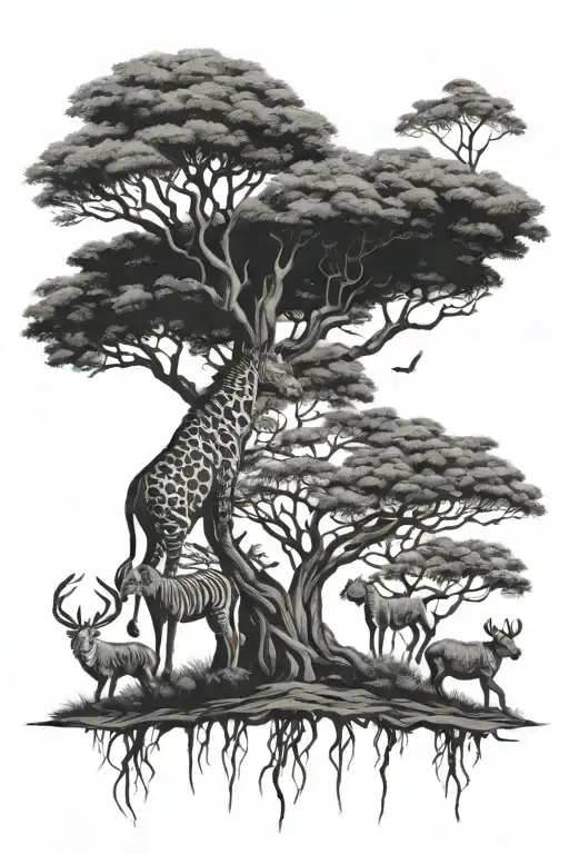 Acacia Tree With 6 Small African Animals Underneath