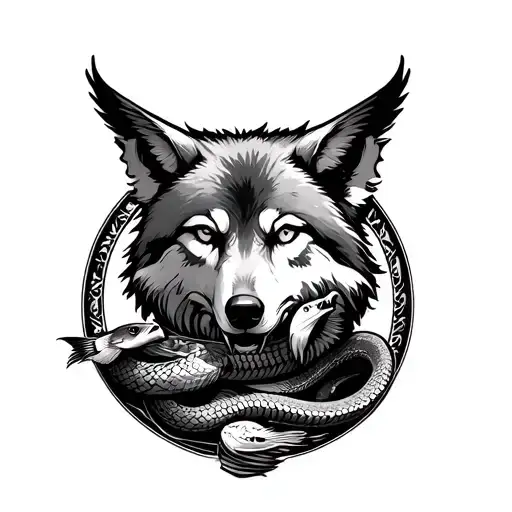 Norse Style Wolf Side View With Snake In A Circle With Carp And Small Falcon