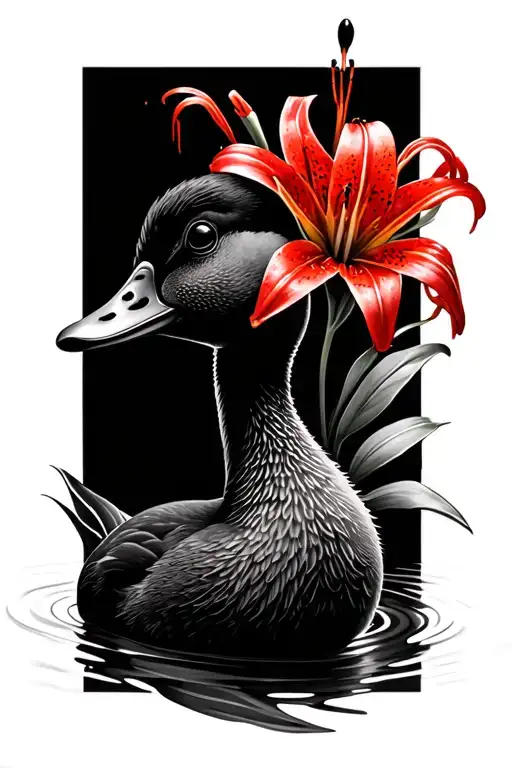 Baby Duck With Two Heads In Black And White With A Red Spider Lily Somewhere