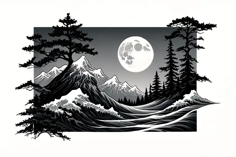 Mountain Tree Moon Sun Wave Forming