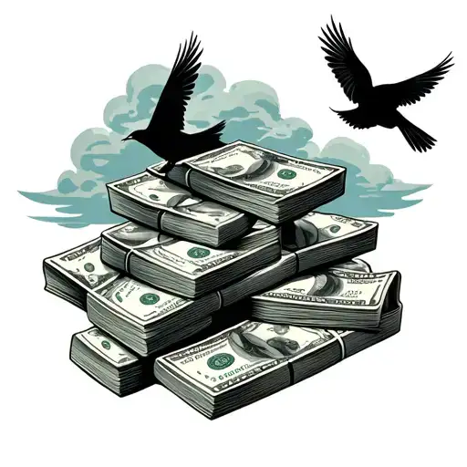 Stacks Of Money And Birds And Clouds