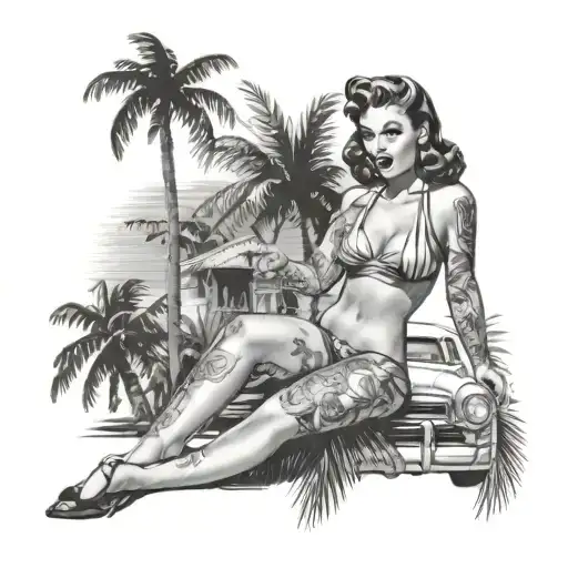 1950'S Pin Up In Bikini With 2 Palmtrees Realisim Black And Grey With Tattoos On Thighs
