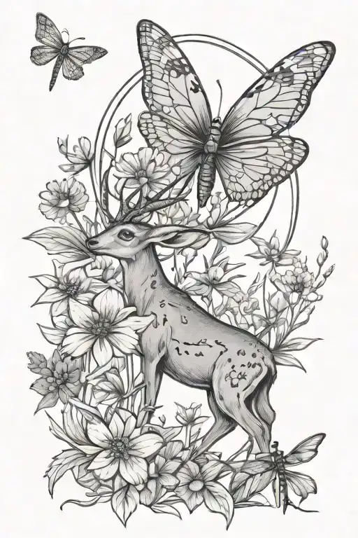 Wildflower Meadow With Full Body Female Doe And Dragonfly Flying
