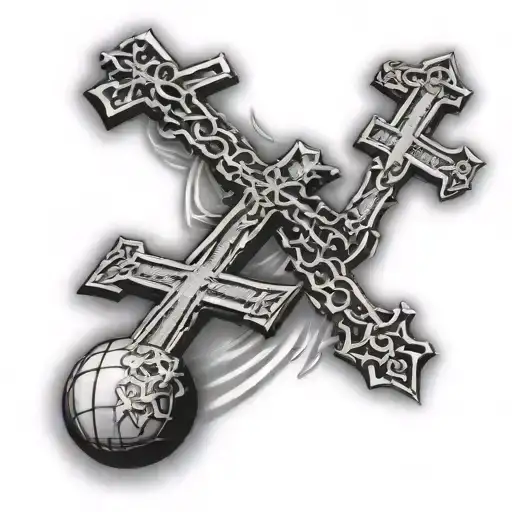 3 Crosses Religious Themed With Black And Grey Tattoo And The 3 Crosses Sitting On A Basketball