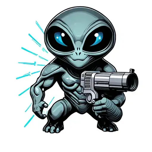 Blue Eyed Standing Full Body Alien With Ray Gun