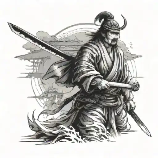 Samurai With Sword With Temples In Backgroung Realism