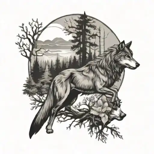 Wolf And Horse In Forest