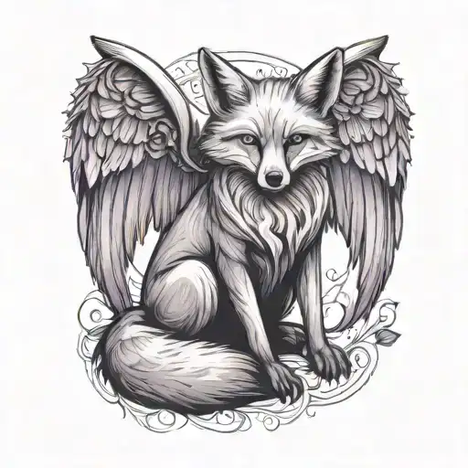 Small Fox Sitting With Angel Wings Wrapped Evenly With Purple Butterfly