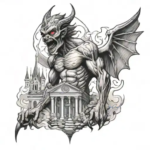 Pazuzu Demon Burning Church In The Background