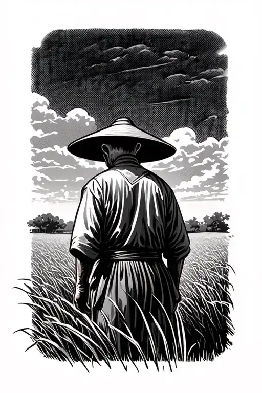 Old Chinese Farmer In A Field Facing Away