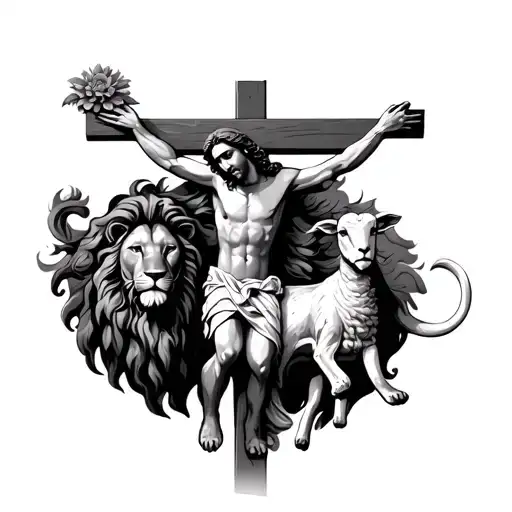 Jesus On A Cross With The Lamb And The Lion If Judah