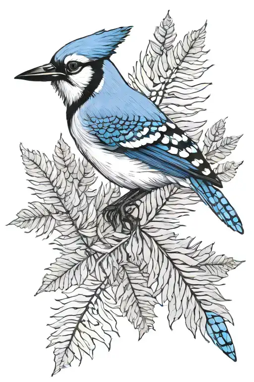 Blue Jay On Fern Leaf