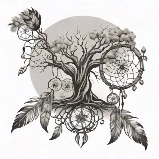Intertwined Tree And Dream Catcher With Feathers