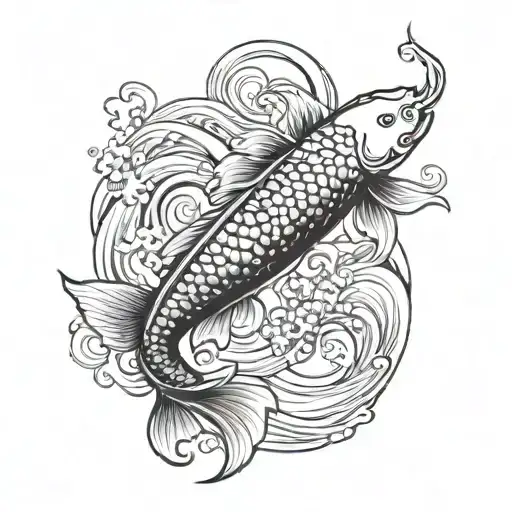 Koi Fish With Waves And 3 Chinese Symbol Going Down The Middle