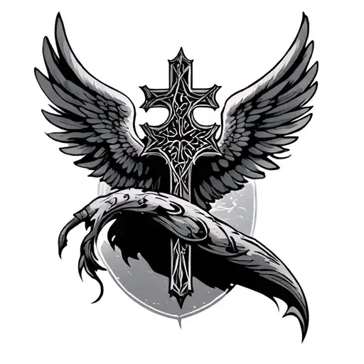 Gothic Cross With Wings Flying