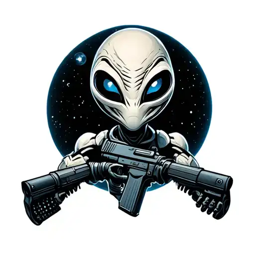 Blue Eyed Standing Full Body Alien With Space Gun