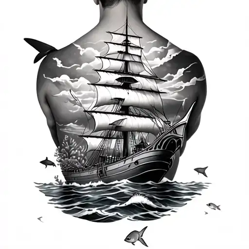 Ocean Theme Back Piece Tall Ship And Underwater Scene With A Tiger Shark And Tropical Reef Fish
