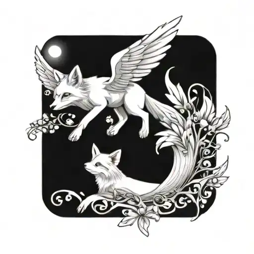 Small Fox With Angel Wings And Butterfly Flying Towards The Sun